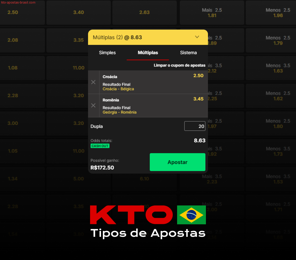 Os jogadores brasileiros de KTO podem escolher entre 3 tipos de boletim de apostas: simples, múltiplo e sistema