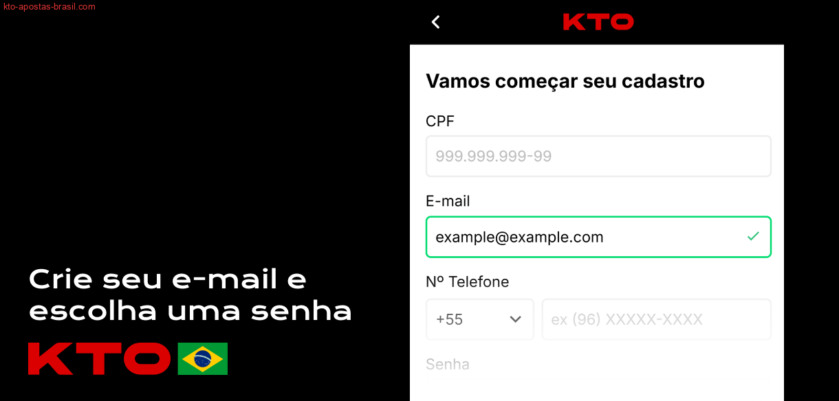 Para iniciar o cadastro na KTO Brasil, abra o formulário de inscrição, preencha seu e-mail e gere uma senha.