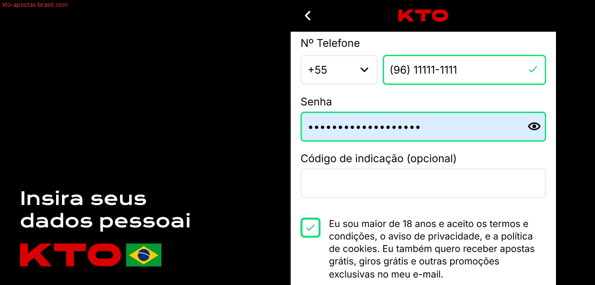 Continue preenchendo o formulário de inscrição da KTO, adicione seu número de telefone e informações pessoais.